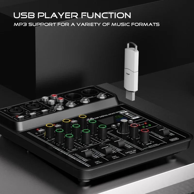 Audio Interface Mixer with Bluetooth USB Recording Computer 48V Phantom Power Delay Replay Effects, 4-Channel Audio Mixer ﻿