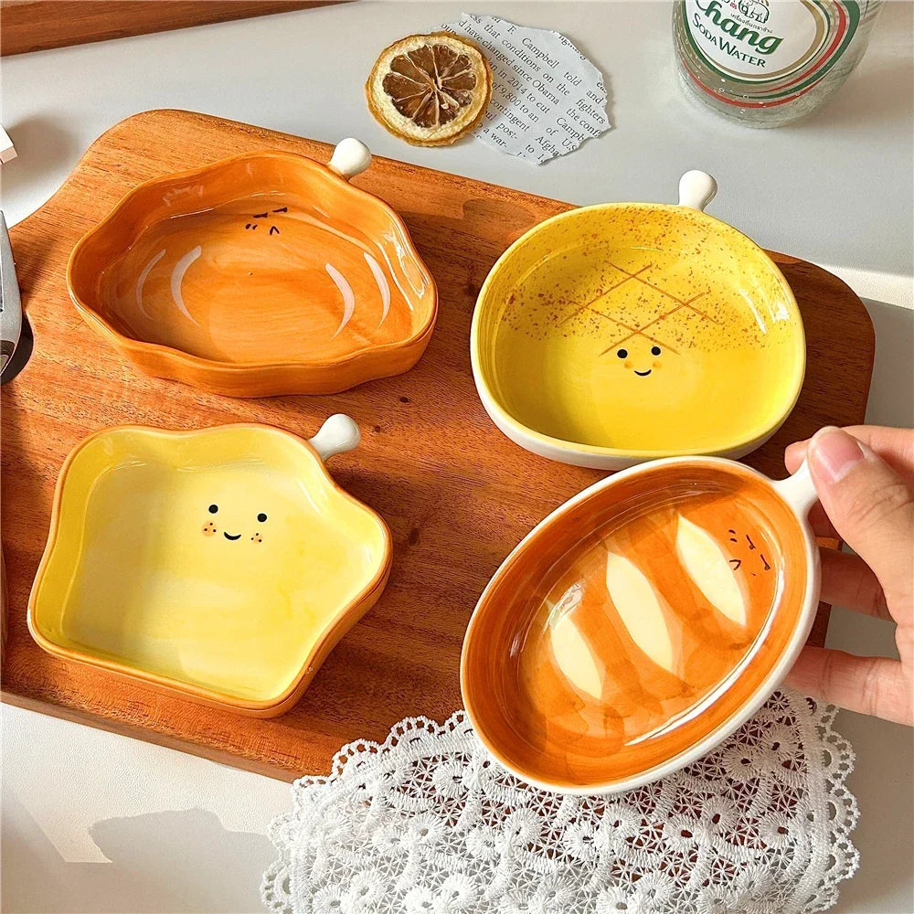 Desktop Creative Bread Shaped Ceramic Dishes, Cute Small Dipping Sauce Plate for Hotpot Ketchup Snack