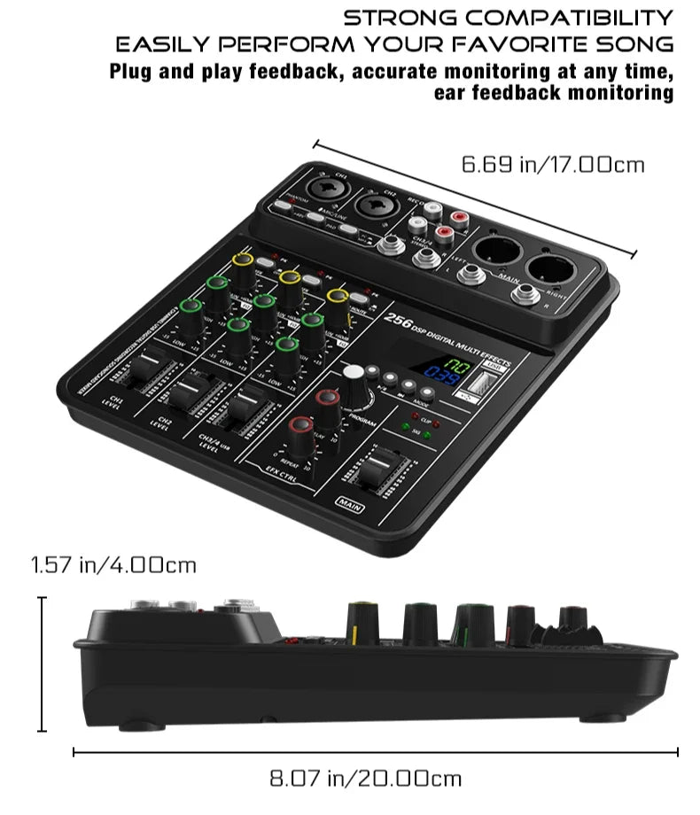 Audio Interface Mixer with Bluetooth USB Recording Computer 48V Phantom Power Delay Replay Effects, 4-Channel Audio Mixer ﻿