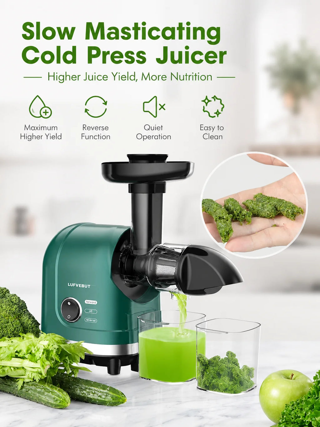 Slow Masticating Cold Press Juicer, Reverse Function Quiet Easy Clean High Yield Juice Extractor for Home Fruit Vegetable