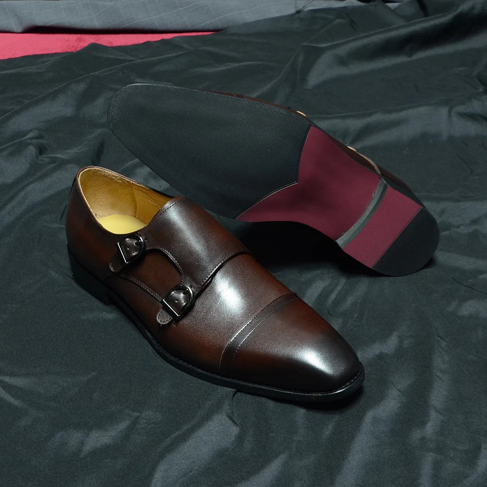 Luxury Men's Business Dress Shoes Genuine Leather Monk Strap Buckle Handmade Italian Brown Black Office Suit Formal Shoes Man