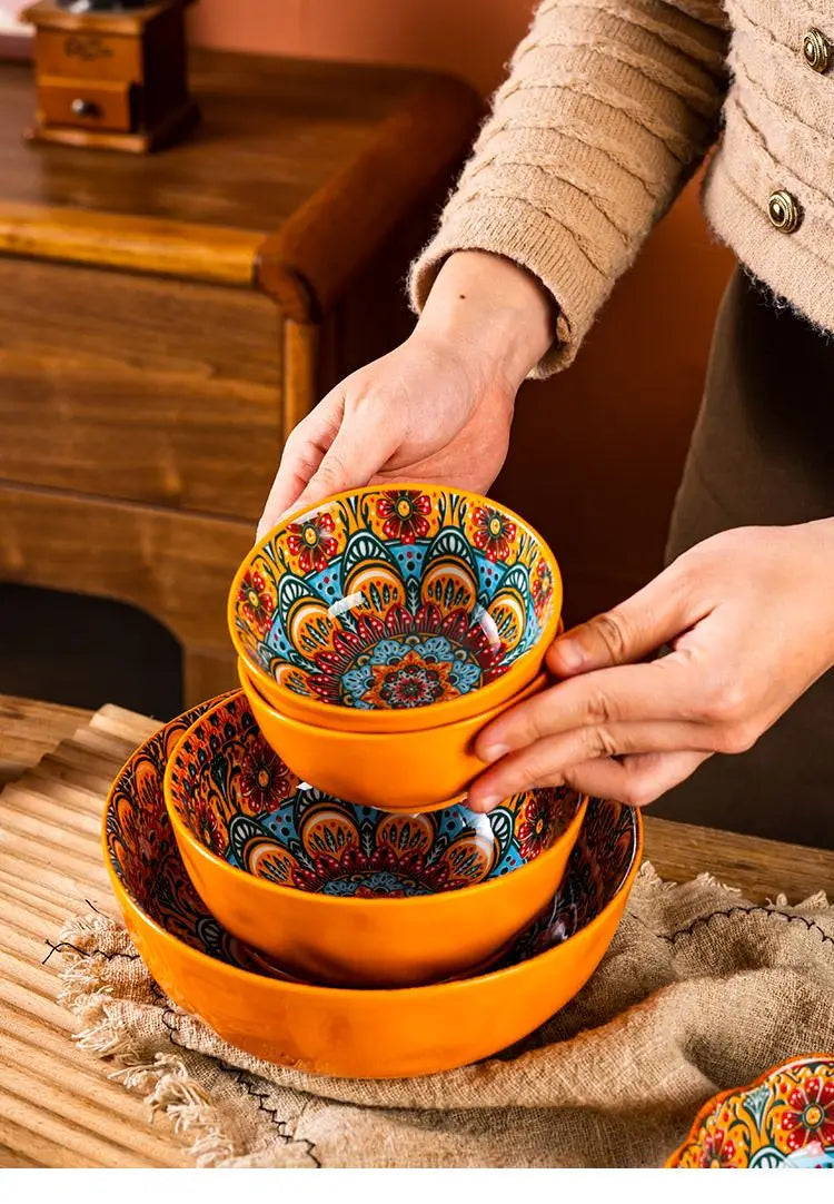 Bohemia Ceramic Rice Bowl Serving Plate Creative Ceramic Cutlery Soup Noodle Bowl Household Handle Bowl Sauce Dish
