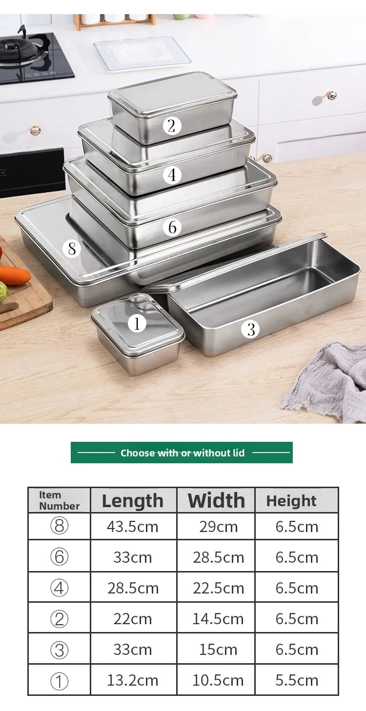 Stainless Steel Thickened Flat Bottom Rectangular Dish with Lid for Baking Steaming Dessert Dish Restaurant Fast Food Platter