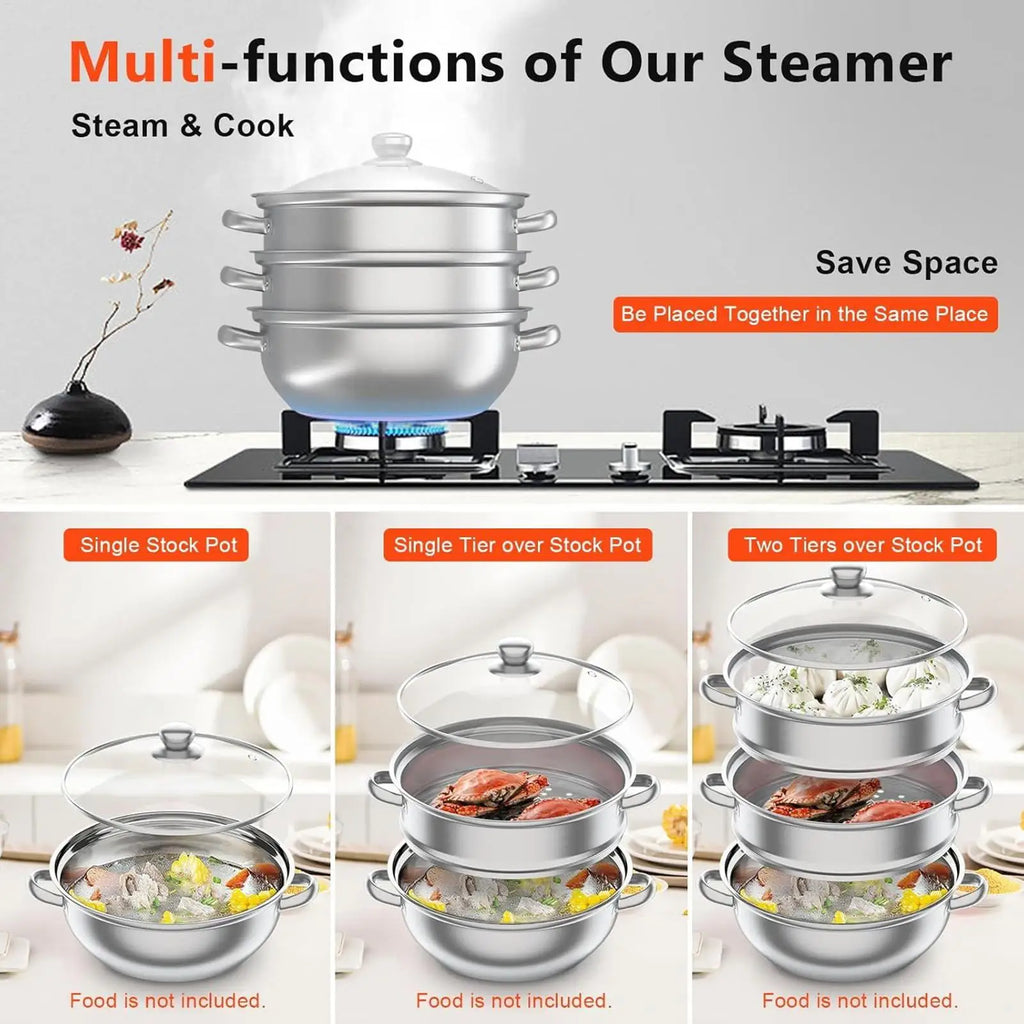 Steamer Pot for Cooking, Glass Lid Multi-Functional Stainless Steel Kitchen Cooking Steamer for Family Gathering Meal Prep