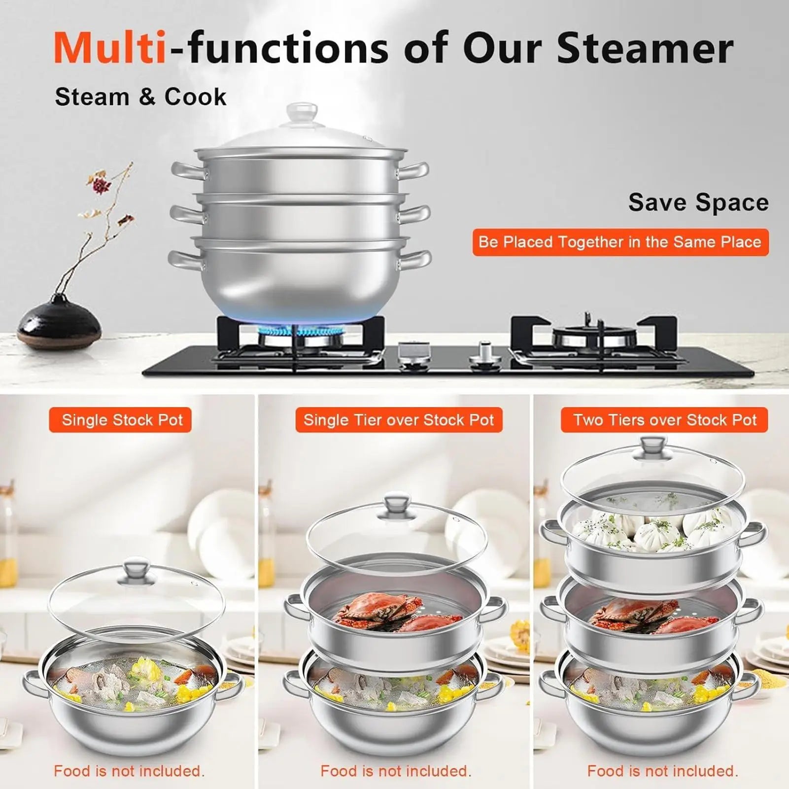 Steamer Pot for Cooking, Glass Lid Multi-Functional Stainless Steel Kitchen Cooking Steamer for Family Gathering Meal Prep