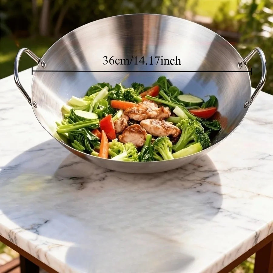 1pc Large Stainless Steel Wok, Uncoated Thick High-Quality Durable Chef'S Pan with Dual Handles, Easy to Clean for Commercial
