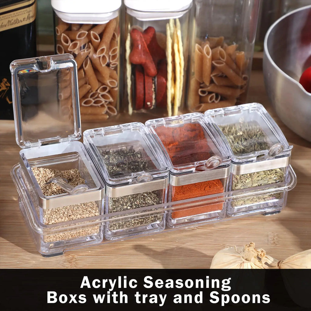 Kitchen Accessories Gourmet Acrylic Seasoning Box with 4 Serving Spoons Spice Jar Set Condiment Cruet Bottle Kitchen Supplies