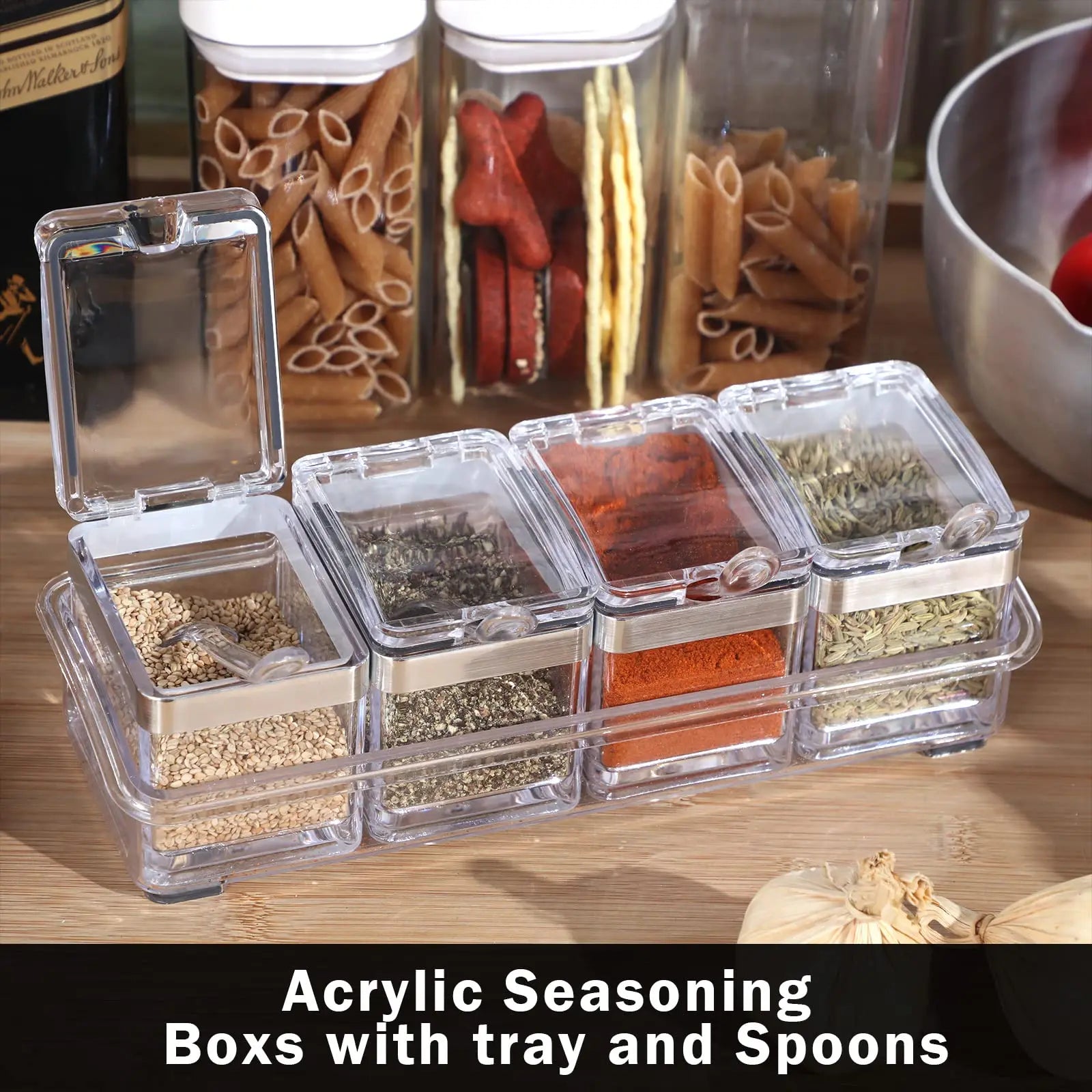 Kitchen Accessories Gourmet Acrylic Seasoning Box with 4 Serving Spoons Spice Jar Set Condiment Cruet Bottle Kitchen Supplies