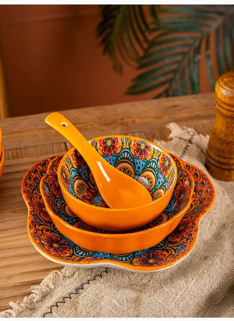 Bohemia Ceramic Rice Bowl Serving Plate Creative Ceramic Cutlery Soup Noodle Bowl Household Handle Bowl Sauce Dish