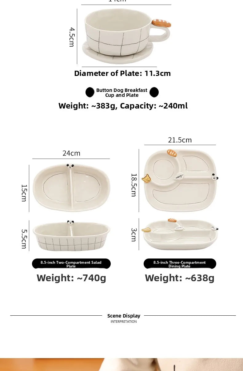 Beautiful Ceramic Breakfast Plate Dinnerware Set Coffee Cup Divided Plate Korean Style Casual Cartoon Pattern Home Use
