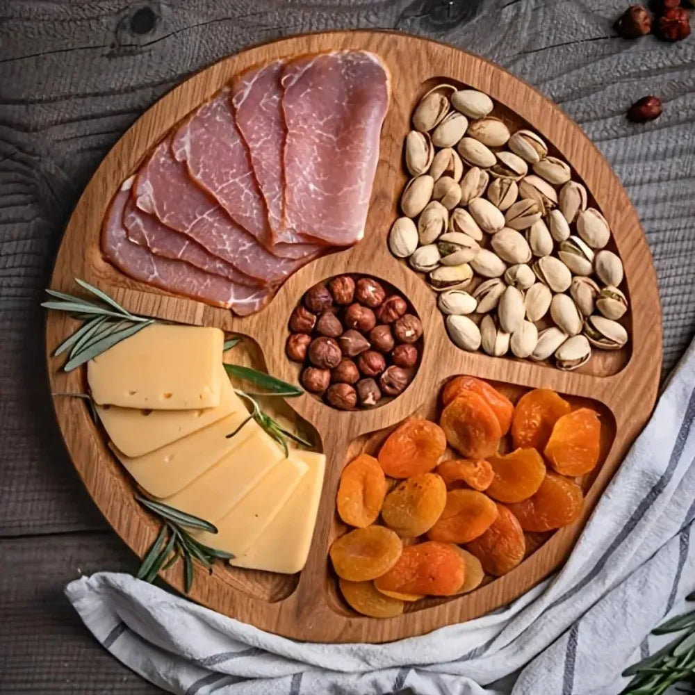 Party Dishes 5 Compartments Round Snack Plate Bamboo 20/25/30cm Divided Serving Trays Appetizer Tray Fruit Platter Hotel
