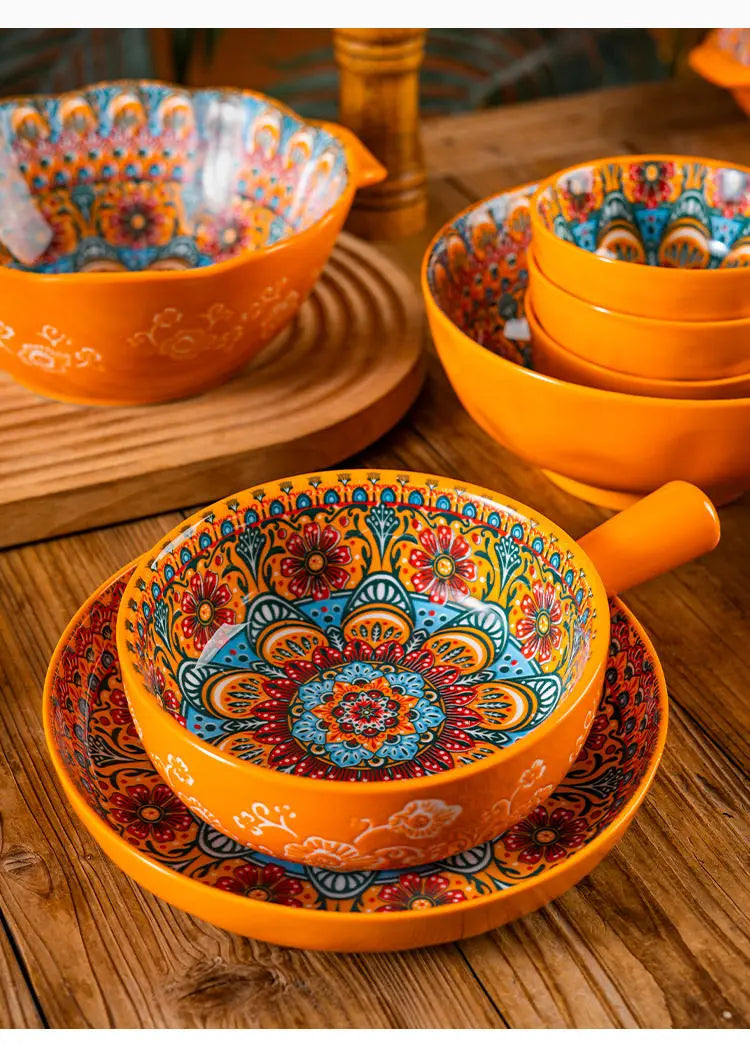 Bohemia Ceramic Rice Bowl Serving Plate Creative Ceramic Cutlery Soup Noodle Bowl Household Handle Bowl Sauce Dish