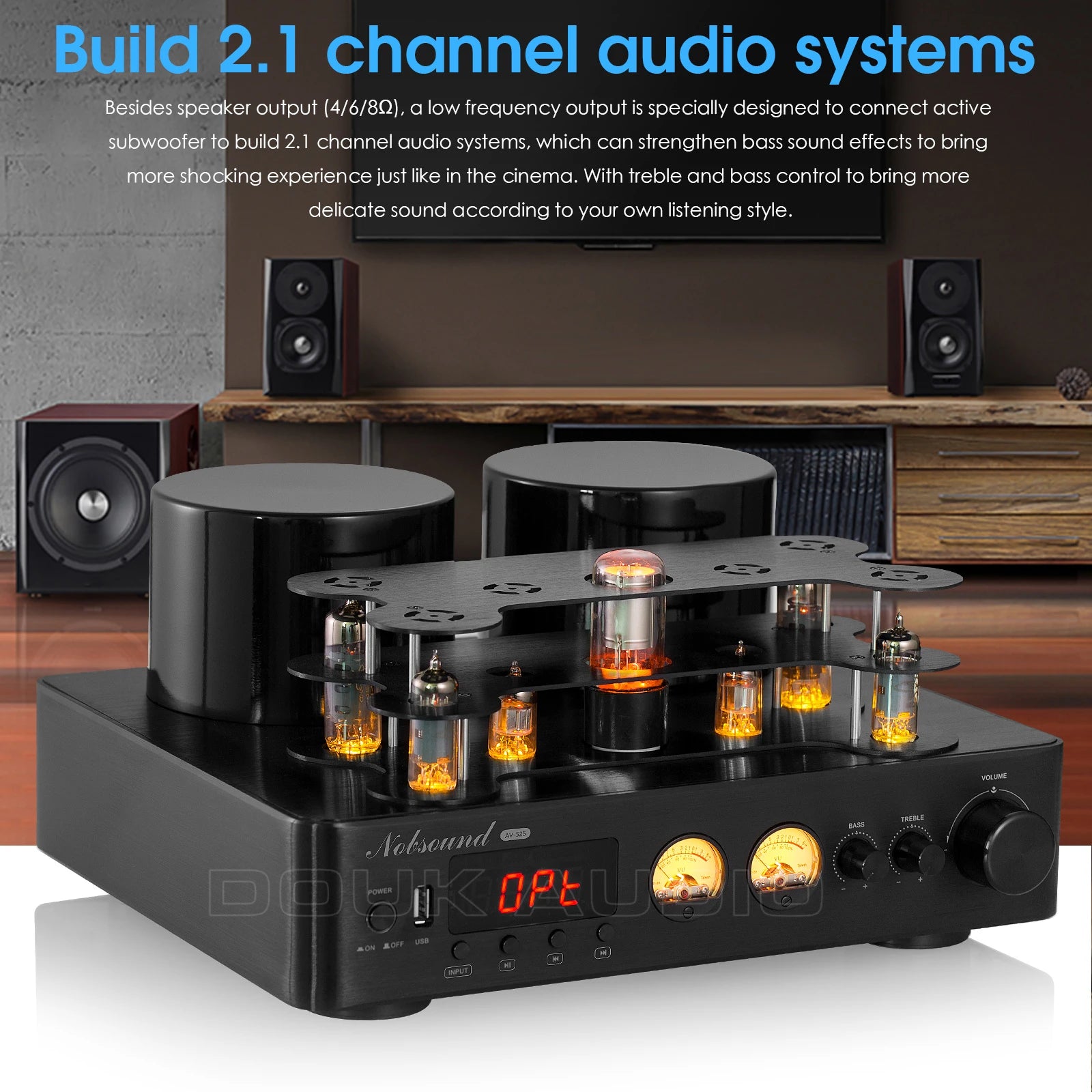 Nobsound HiFi Hybird Stereo Valve Tube Amplifier Bluetooth 5.0 Audio Receiver COAX / OPT Power Amp USB Player