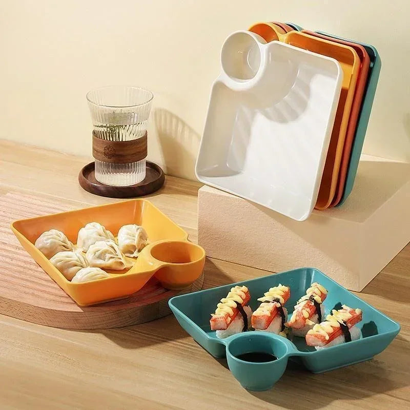 4pcs Easter Themed Chips & Dip Plates, Plastic Dumpling Serving Platter with Dipping Cup, Divided Snack Dishes for Appetizer