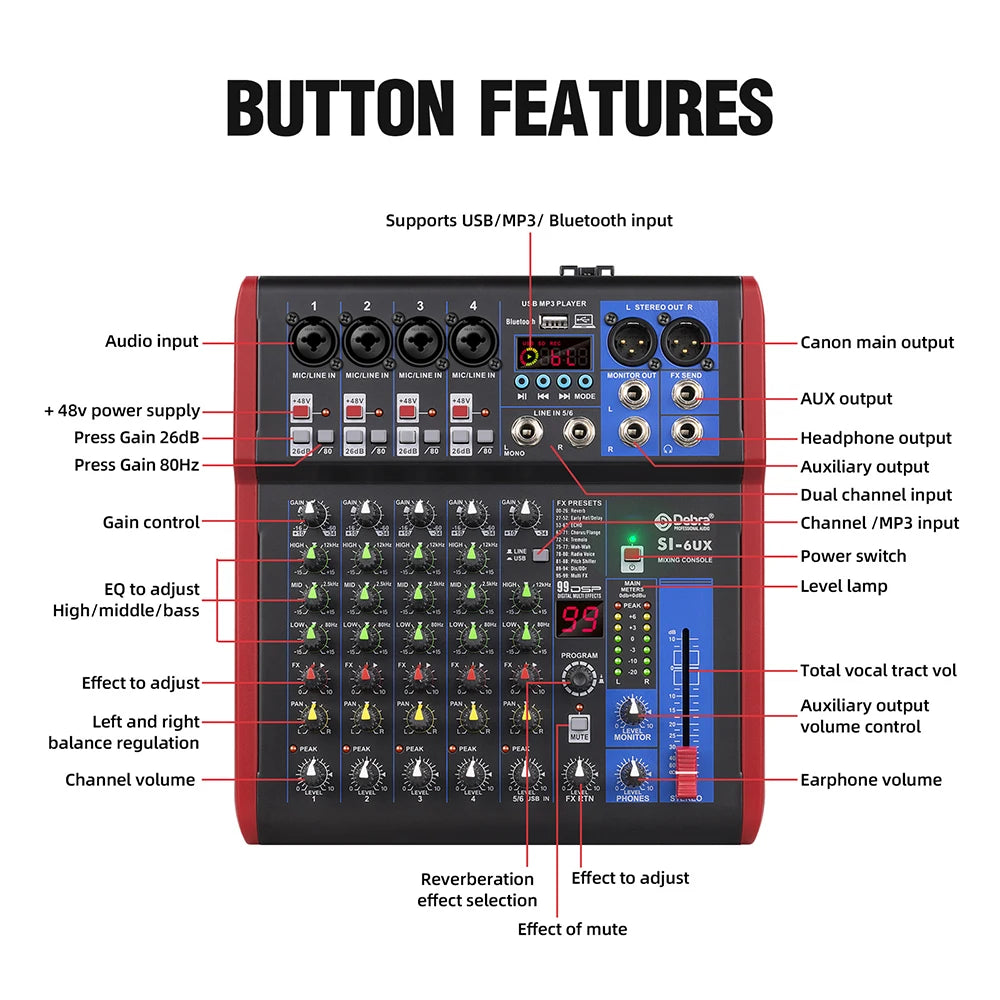 4 6 8-channel portable audio mixer, 99 DSP digital effects, Bluetooth 5.0 USB tuner for DJ consoles, karaoke, music festivals