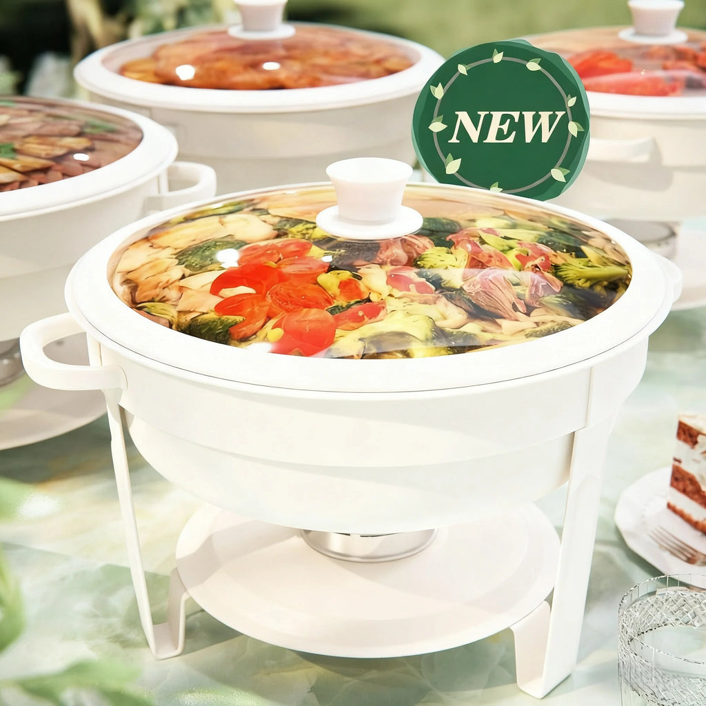 White Chafing Dishes for Buffet with Glass Lid (5QT, 1-2-4Pack), Stackable, Lid Holder for Party, Wedding