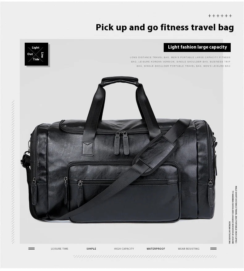 Geestock Business Men PU Leather Gym Duffel Bag Large Capacity Sports Travel Tote Handbag For Male Fitness Vintage Luggage Bag