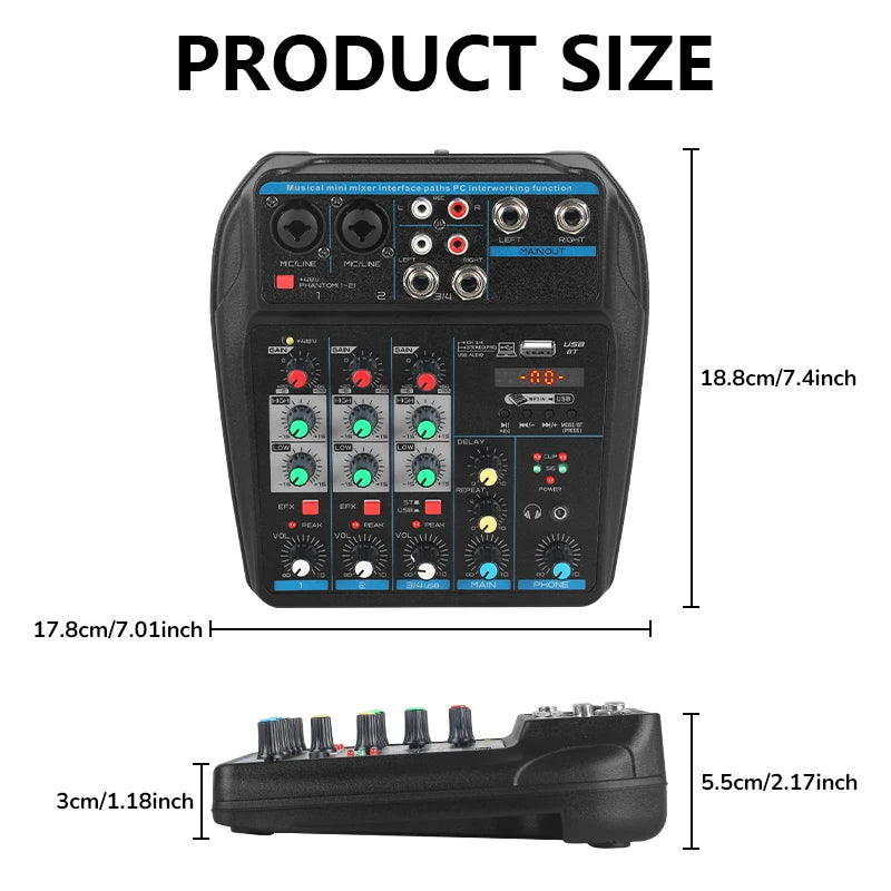 4 Channel Mixer DJ Mixing Console Portable Channel Mixer Multi Interfaces PC Compatible for Recording Live Streaming Karaoke