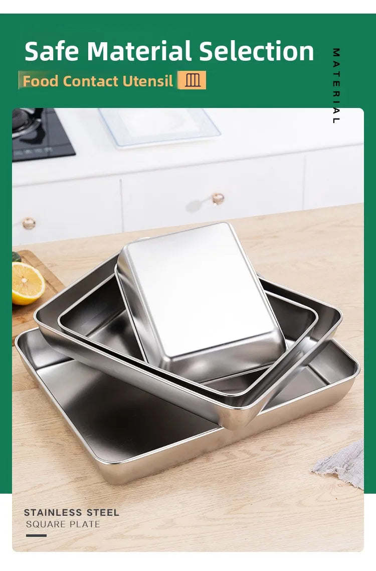 Stainless Steel Thickened Flat Bottom Rectangular Dish with Lid for Baking Steaming Dessert Dish Restaurant Fast Food Platter