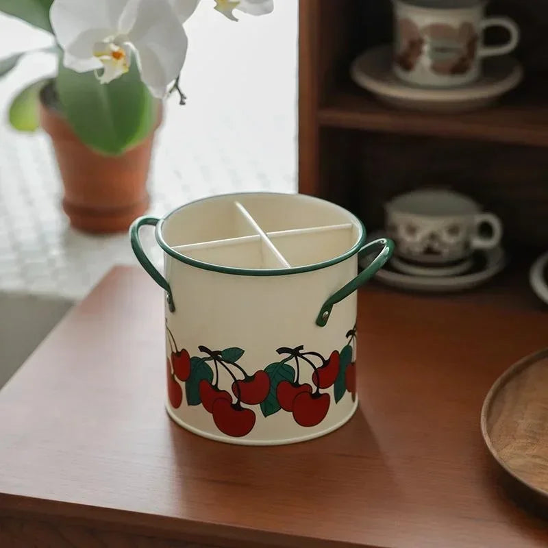 Retro Tableware Storage Bucket Draining Rack with Divider Kitchen Knife and Fork Storage Box Home Decoration for Kitchen Tools