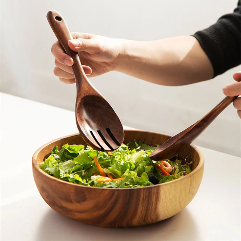 2Pcs Wooden Salad Spoons Acacia Salad Tongs Durable Wood Salad Mixing Dinner Fork And Spoon Long Handle Salad Server Spoons Set