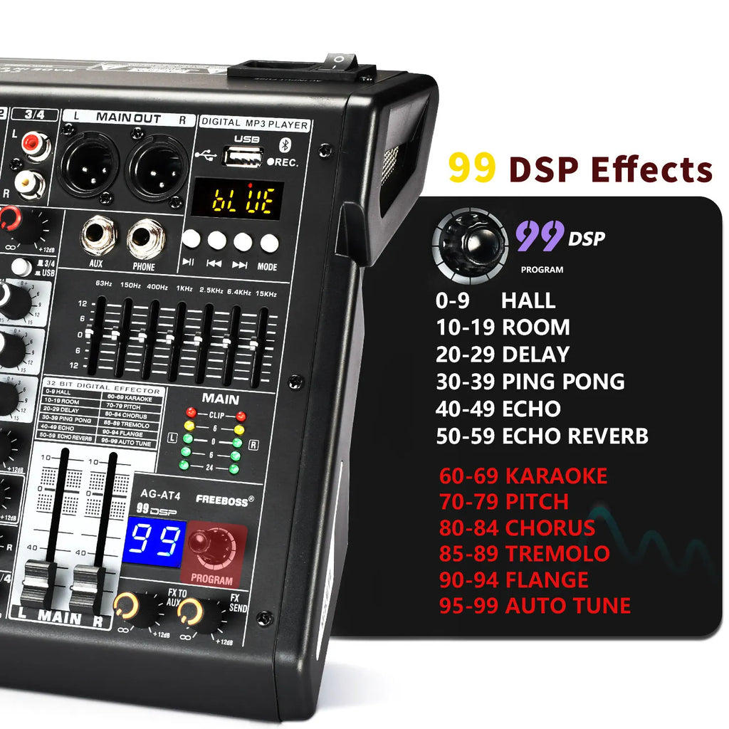 Freeboss Audio Mixer 4 Channels 99 Effect USB Mixing Console PC Record Bluetooth Studio 48V Sound Table Karaoke Mix Desk AG-AT4