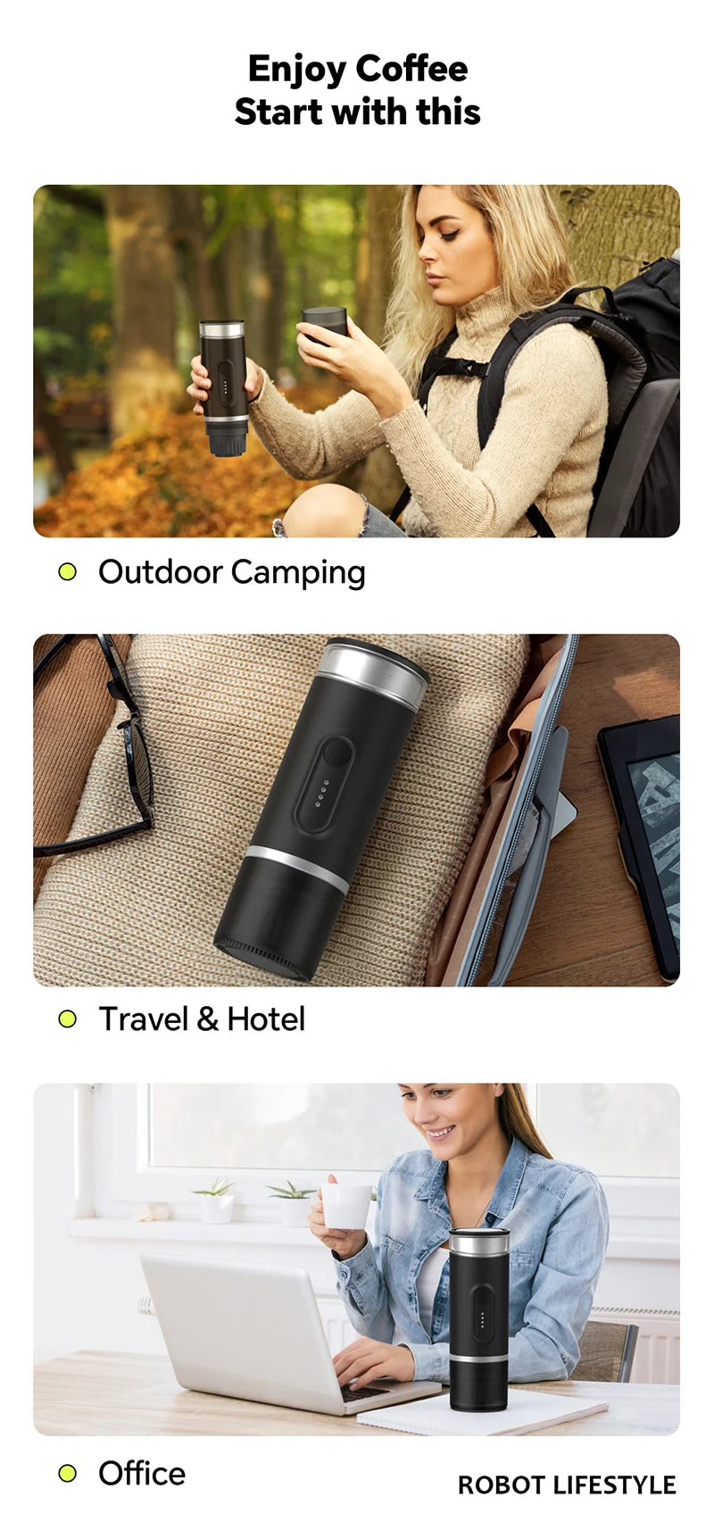 Portable Coffee Maker with 2-In-1 System Heating Water  Large-capacity Battery 9000mAh  for Outdoor Camping Travel  Hotel Office