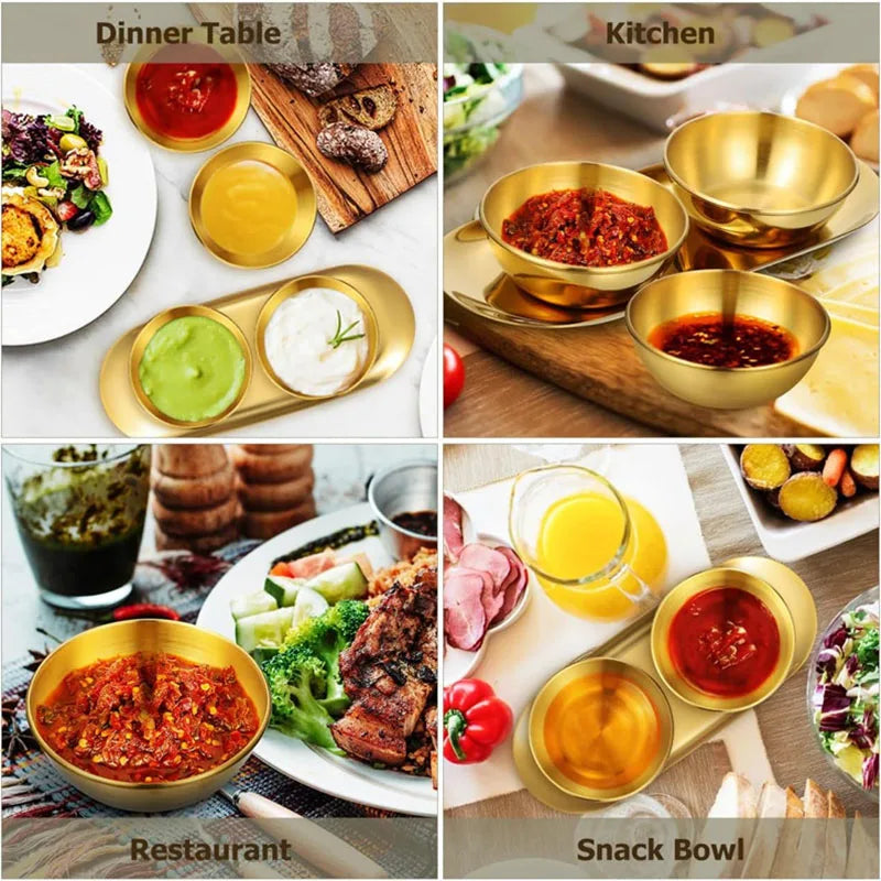 3/6/9/12pcs Golden Sauce Bowl Serving Tray Set Stainless Steel Seasoning Cup Sushi Dipping Bowl Serving Tray Snack Dish Plate