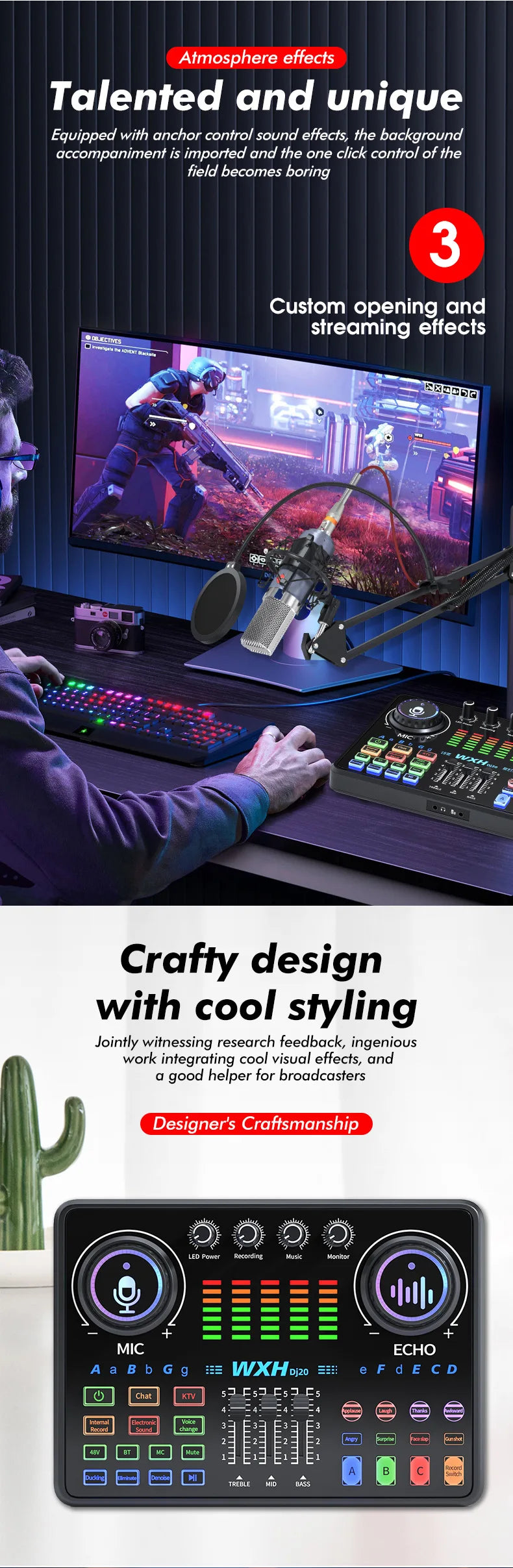 Dj20 Sound Card Studio Mixer WXH520 Noise Reduction Microphone Singing Voice Live Broadcast Phone Computer Record USB Sound Set