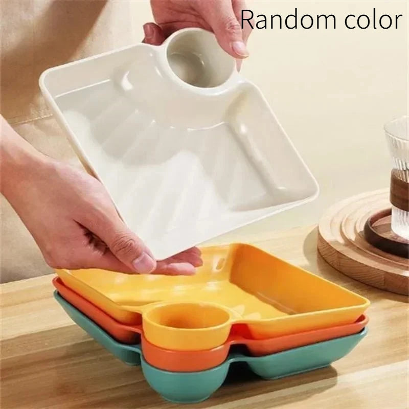 4pcs Easter Themed Chips & Dip Plates, Plastic Dumpling Serving Platter with Dipping Cup, Divided Snack Dishes for Appetizer