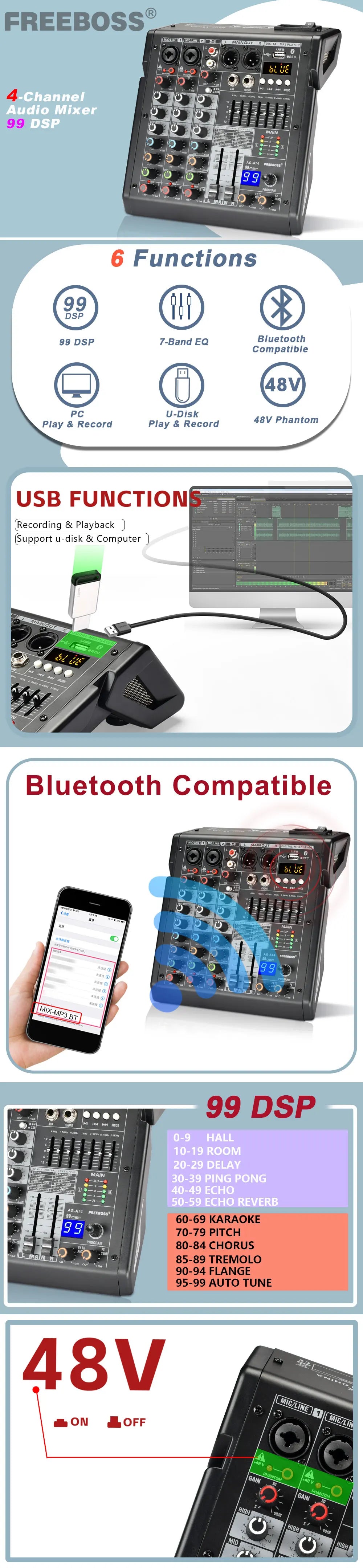 Freeboss Audio Mixer 4 Channels 99 Effect USB Mixing Console PC Record Bluetooth Studio 48V Sound Table Karaoke Mix Desk AG-AT4