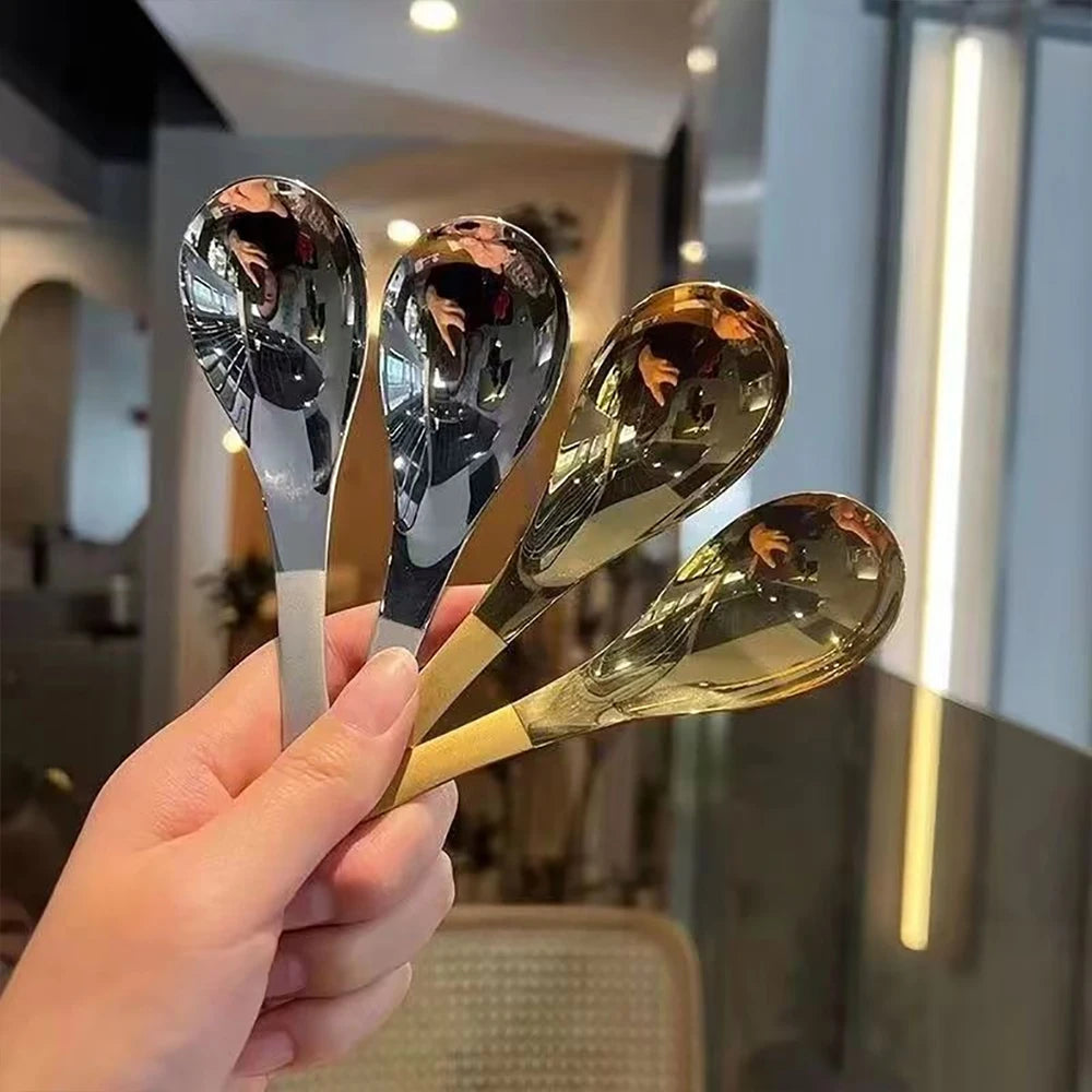 2PCS Stainless Steel Soup Spoons Round Gold Silver Color Mirror Polished Flatware Large Capacity Spoon for Soup Rice Tableware