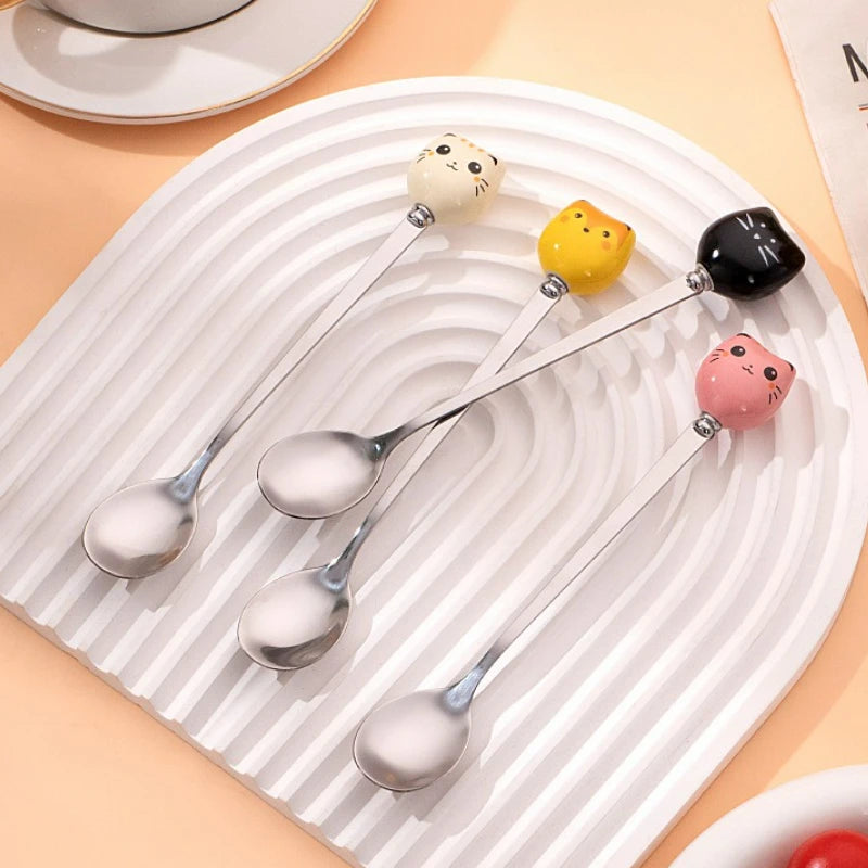 Coffee and Dessert Spoons Flatware Kitchen Tools Ice Cream Cartoon Stirring Spoon Stainless Steel Long Cat Handle Ceramic Spoon