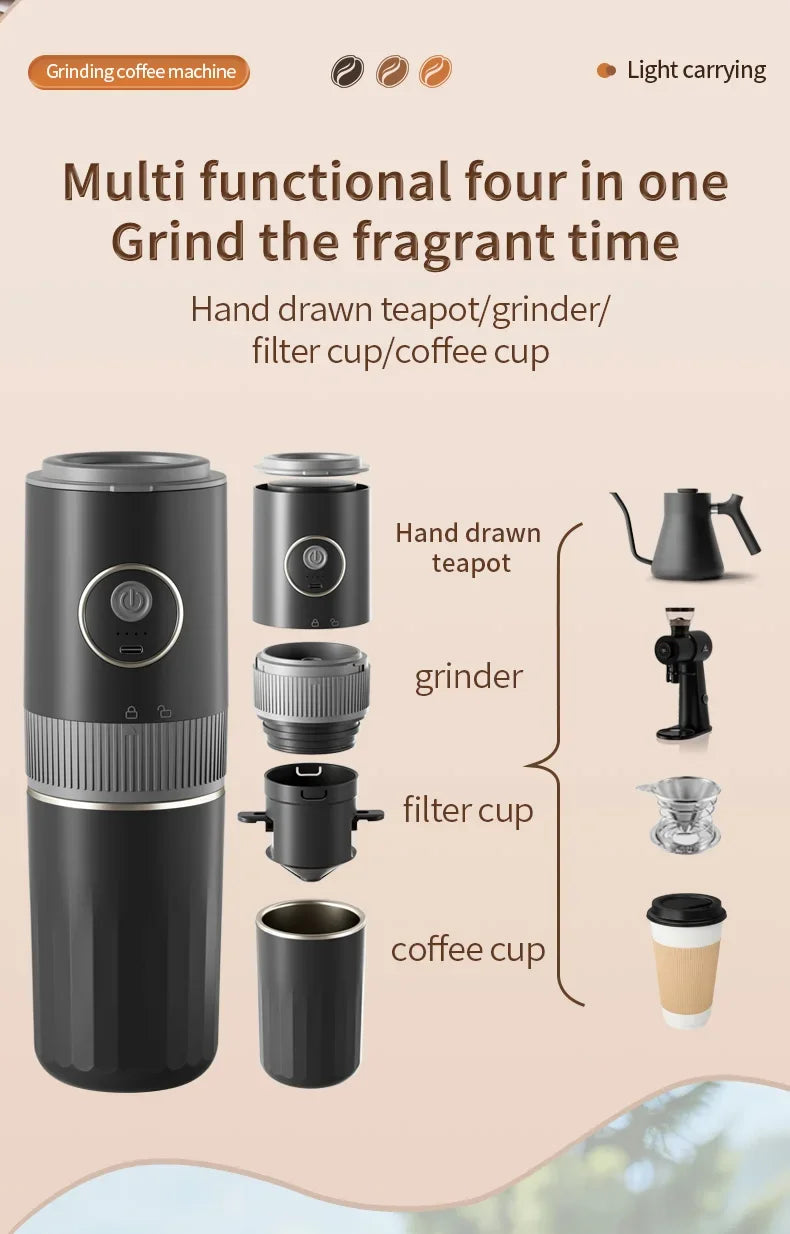2-in-1 Portable Wireless Outdoor Camping Coffee Machine - Bean Grinding & Hand Brewing Portable Coffee Maker