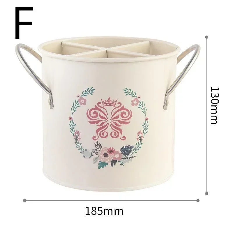 Retro Tableware Storage Bucket Draining Rack with Divider Kitchen Knife and Fork Storage Box Home Decoration for Kitchen Tools