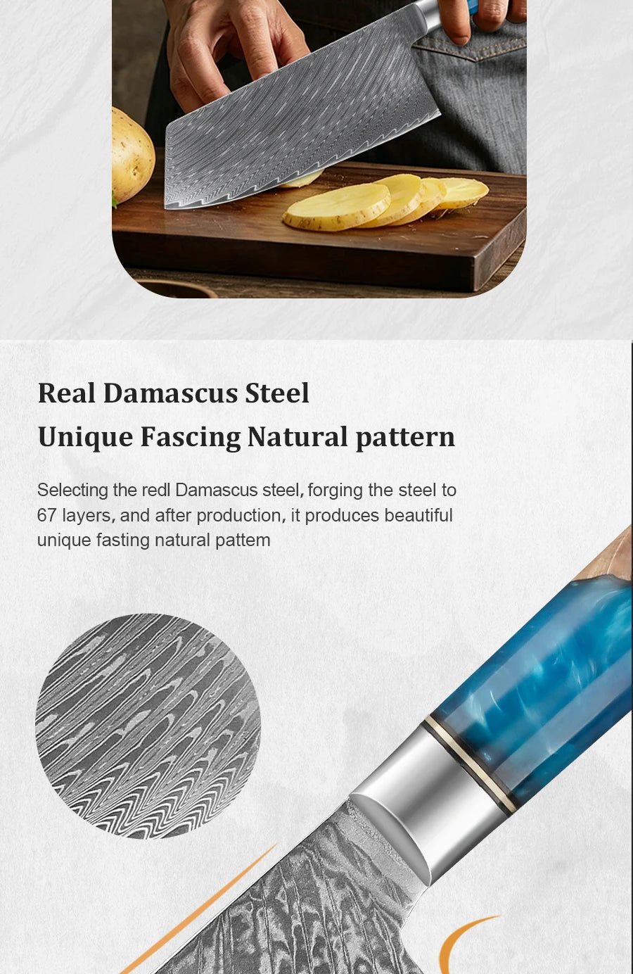Kitchen Knives-Set Damascus Steel Cleaver Knife Nakiri Knife Meat Vegetable Blue Resin Handle set