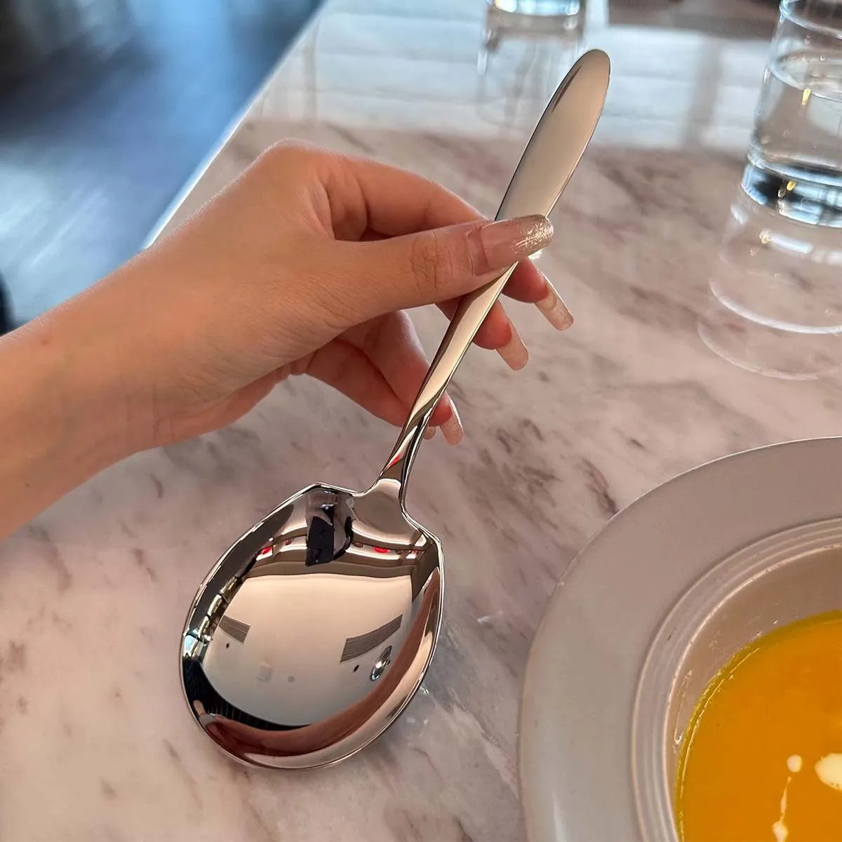 2Pcs Stainless Steel Long Handle Serving Spoons - Suitable for Use in Homes, Hotels, Canteens and Restaurants Meal Spoon Cutlery