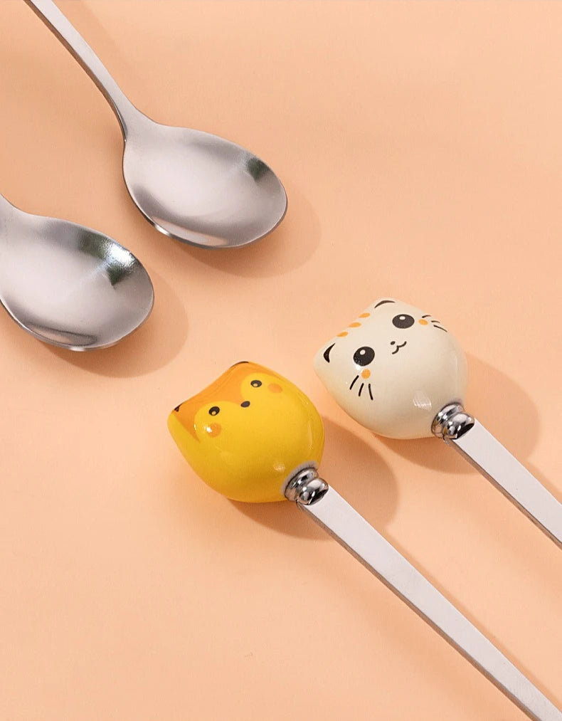 Coffee and Dessert Spoons Flatware Kitchen Tools Ice Cream Cartoon Stirring Spoon Stainless Steel Long Cat Handle Ceramic Spoon