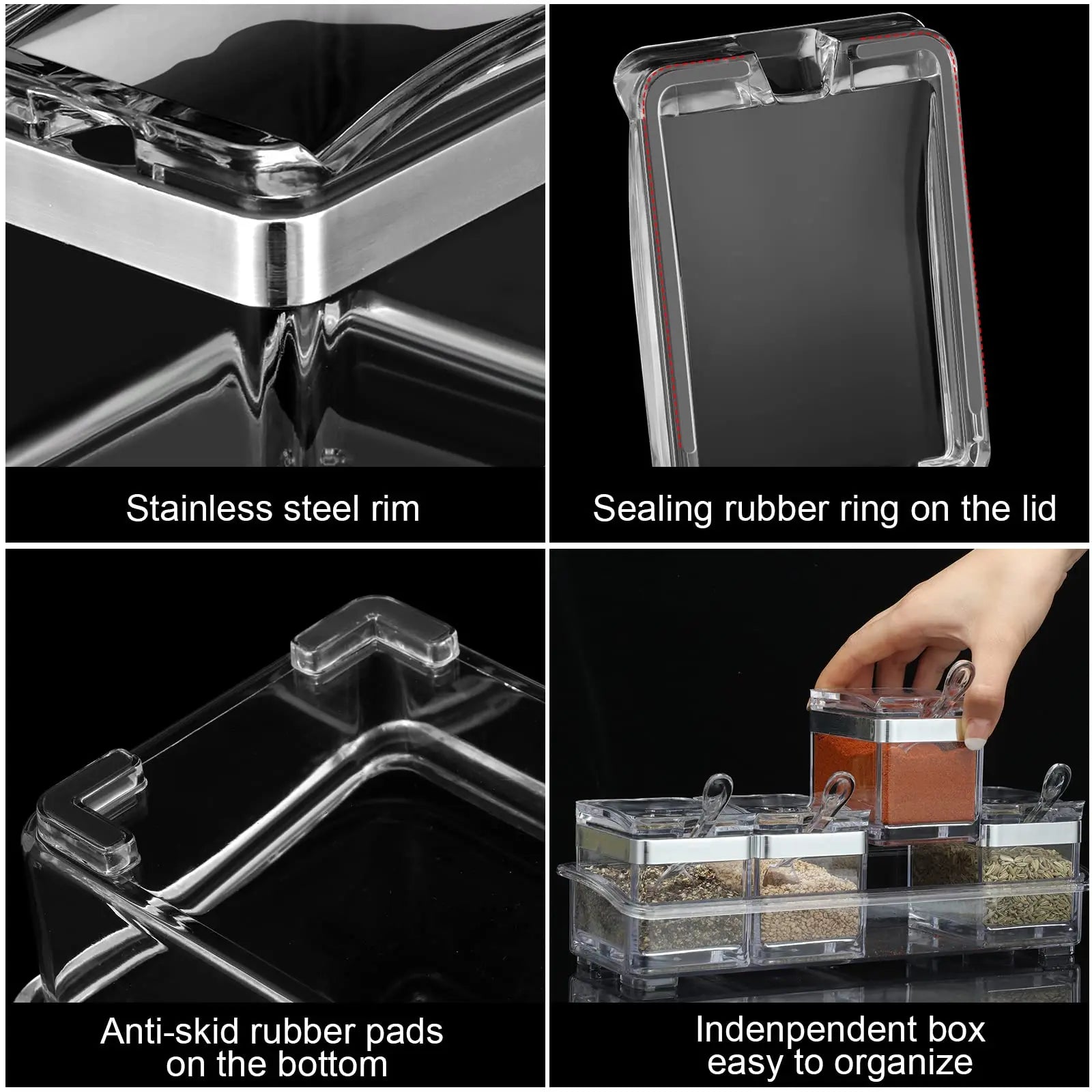 Kitchen Accessories Gourmet Acrylic Seasoning Box with 4 Serving Spoons Spice Jar Set Condiment Cruet Bottle Kitchen Supplies