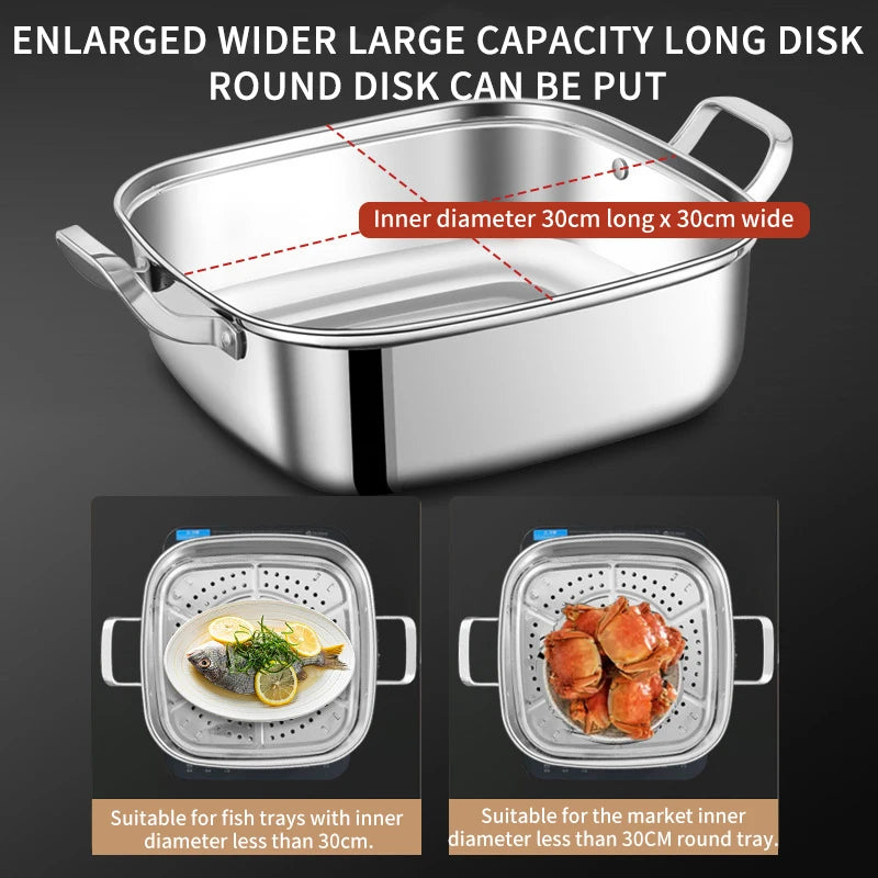 Household Square Steamer 316 Stainless Steel Thickened Three-Layer Steamer Tray Multifunctional for Gas & Electromagnetic Use