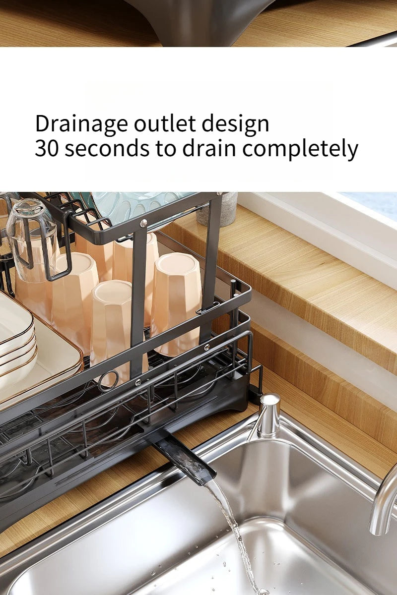Kitchen Storage Rack, Foldable and Pull-out Cutlery Storage Platform, Double-layer Drain Basket, Bowl and Plate Storage Rack