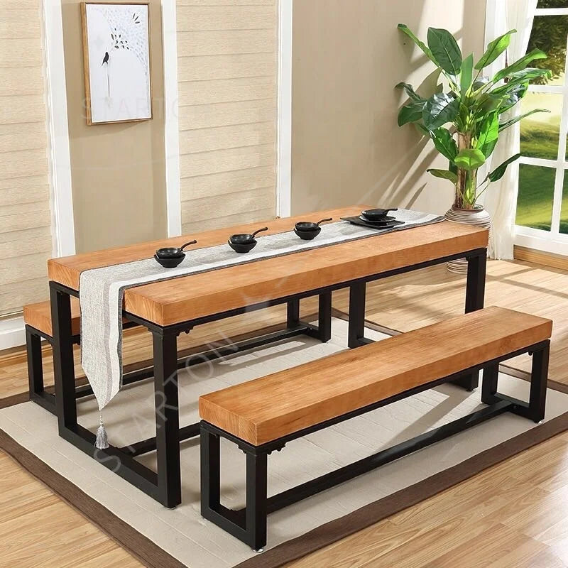 Restaurant Furniture Wood Dining Table Set Table with Bench  Custom  Solid Wood Table and Bench with Fast Delivery