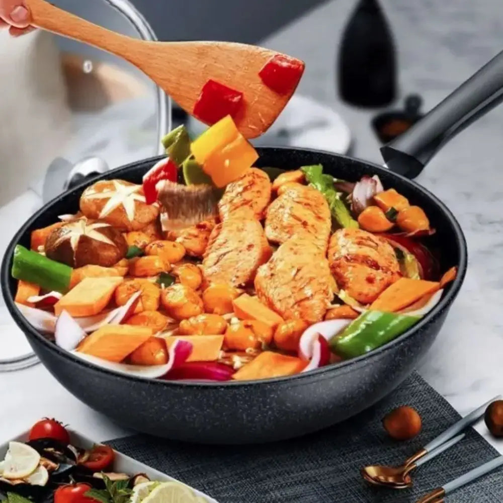 Kitchen Cookware Non-Stick Stir-Fry Pan Universal with Lid Skillet Flat Bottomed Frying Pan Cooking