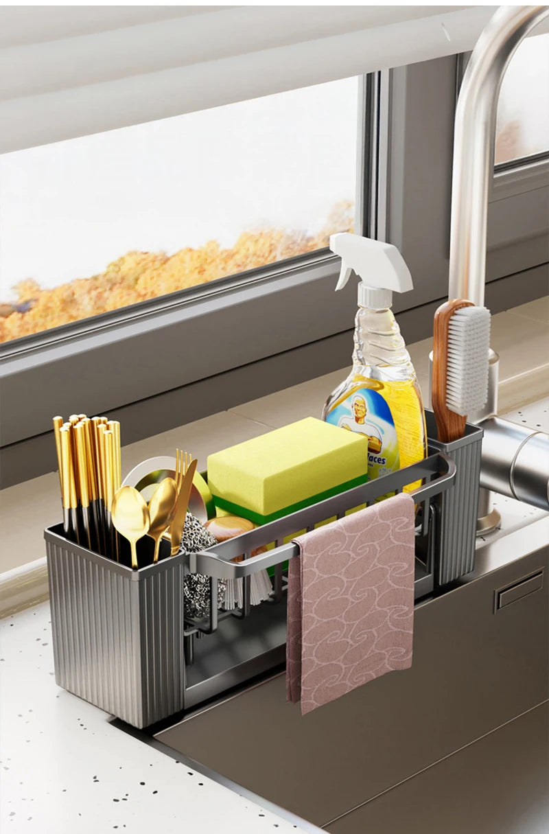 Kitchen Cleaning Tools Storage Rack Cleaning Sponge Cleaner Drainage Rack Plastic Multifunctional Dishcloth Rod Cutlery Holder