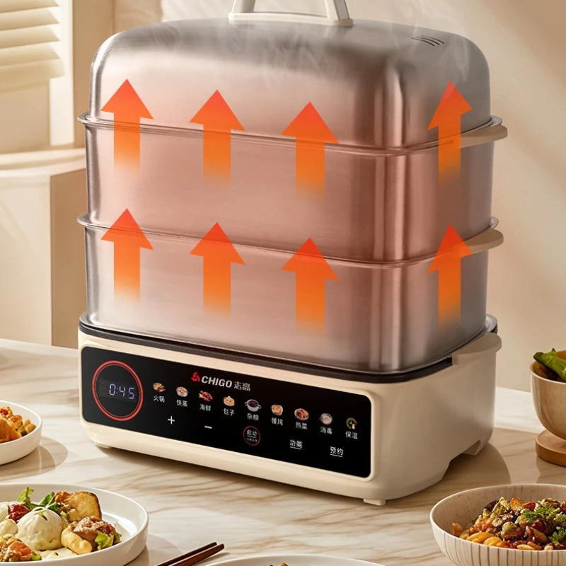 Full Steel Electric Steamer, 3-Layer Multi-Function Cooker for Home, Smart Timer, LCD Screen, Anti-Corrosion and Easy Cleaning