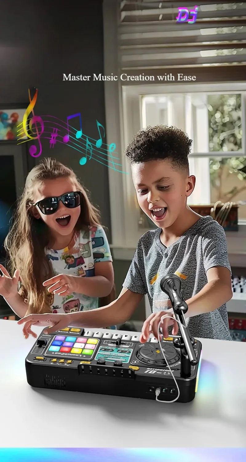 Kid DJ Mixer with Microphone Multifunctional Electronic Piano Keyboard Bluetooth DJ Turntable Controller Kid Musical Instrument