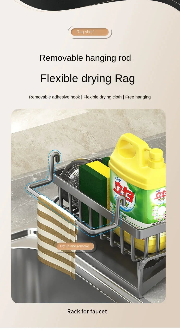 Kitchen Sink Storage Rack, Draining Organizer for Cleaning Cloth, Sponge & Detergent, Household Sink Shelf