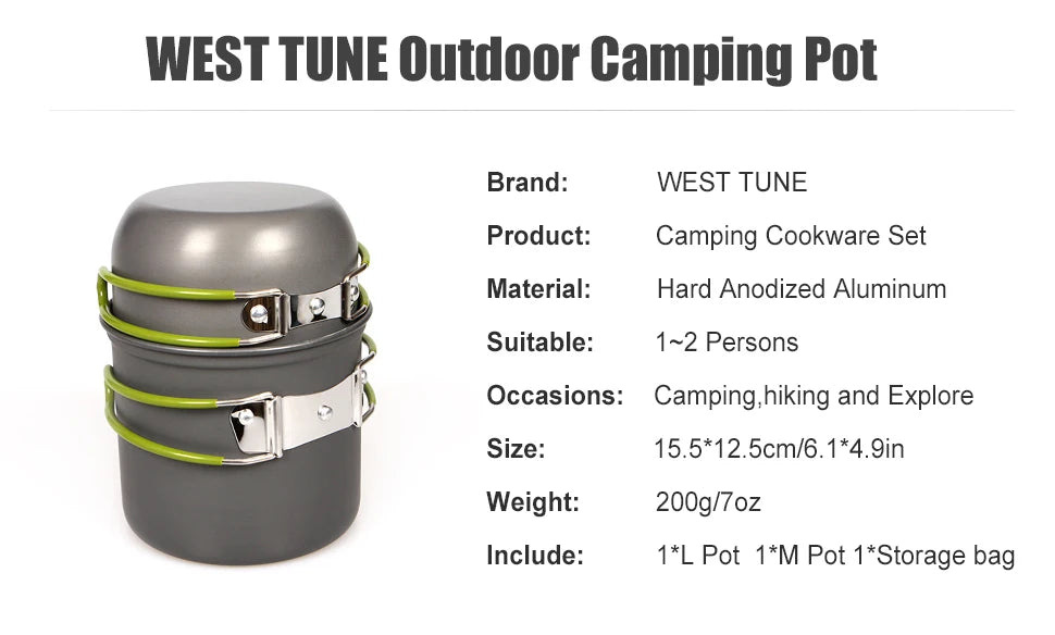 WESTTUNE Camping Pot Hiking Cookware Portable Outdoor Cooking Set Heat Cooker Camping Travel Tableware Kitchen Utensil Equipment