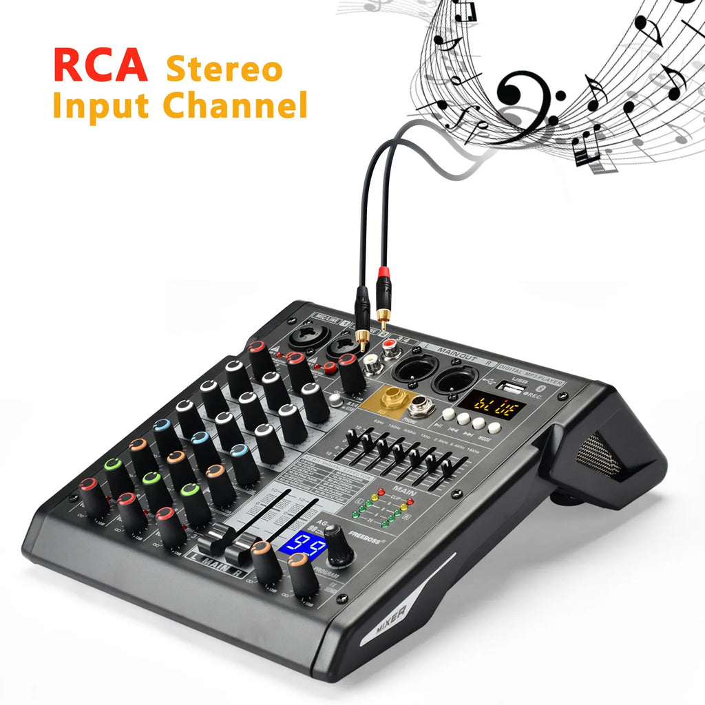 Freeboss Audio Mixer 4 Channels 99 Effect USB Mixing Console PC Record Bluetooth Studio 48V Sound Table Karaoke Mix Desk AG-AT4