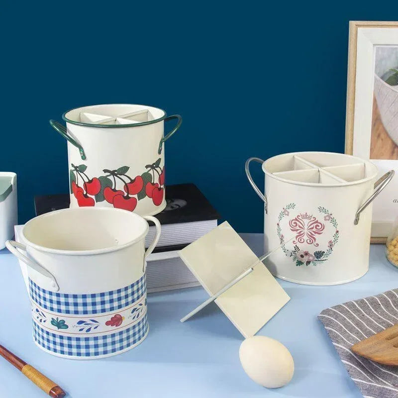 Retro Tableware Storage Bucket Draining Rack with Divider Kitchen Knife and Fork Storage Box Home Decoration for Kitchen Tools